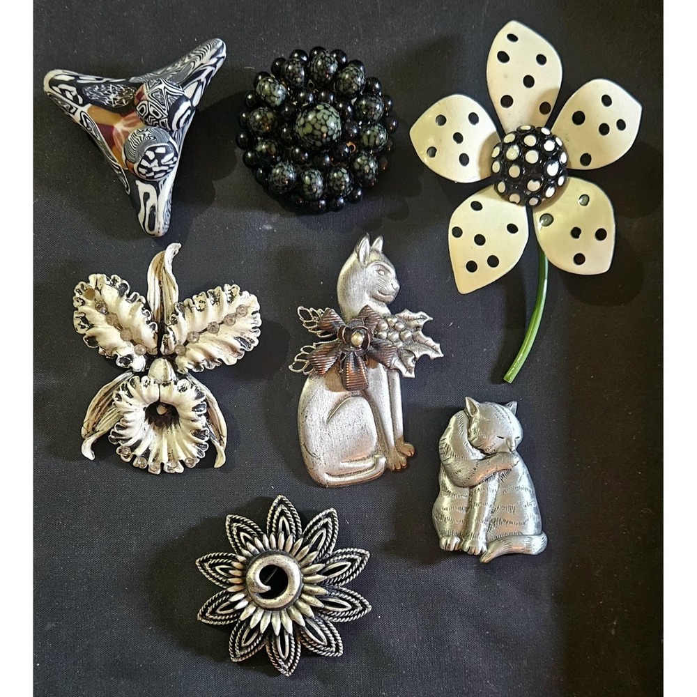 Vintage Cat/Flower Brooch Pin Lot Black White
